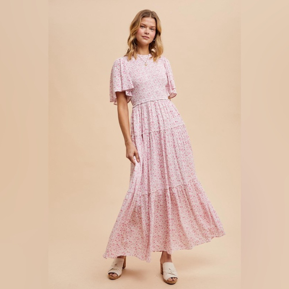Smocked Ruffle Accent Floral  Vintage Style Flutter Sleeve Maxi Dress